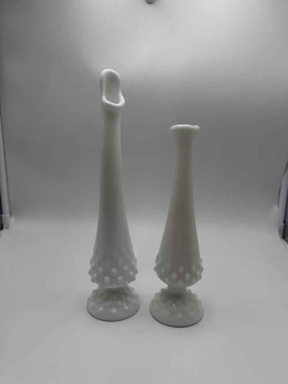 Vintage Set of 2 Fenton Bud Vases White Milk Glass Hobnail Footed Swung